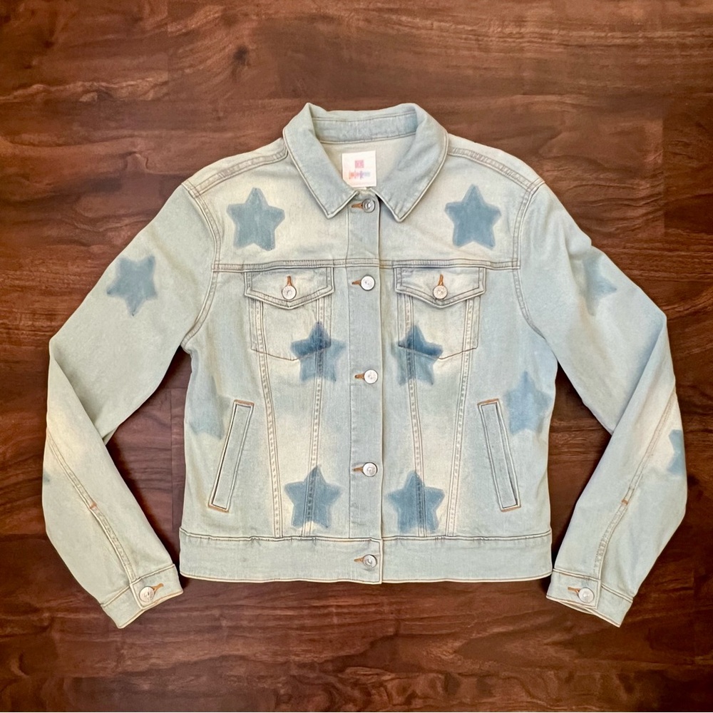 Lularoe Light Wash Denim Stars Design Harvey Jacket With Pockets Women’s Size M